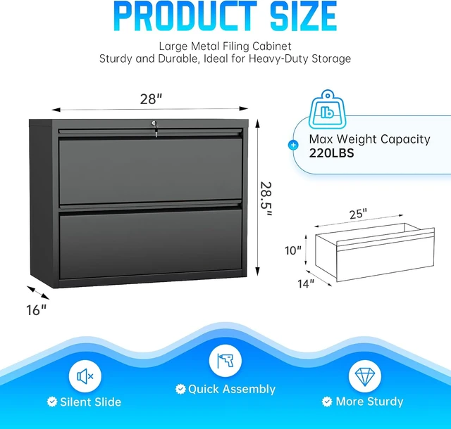 Alt view image 3 of 7 - 2 Drawer Black Lateral File Cabinet with Lock Metal Lockable Cabinet for Legal/Letter/A4/F4 Size with Hanging Files & Key