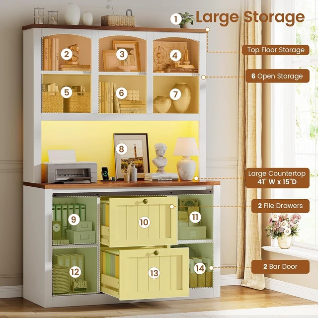 Alt view image 3 of 7 - 2 Drawer File Cabinet with Power Strip 41" Farmhouse Filing Cabinet Fits Legal/Letter/A4, Printer Stand with Storage Shelf, Bar Door & LED Lights, White