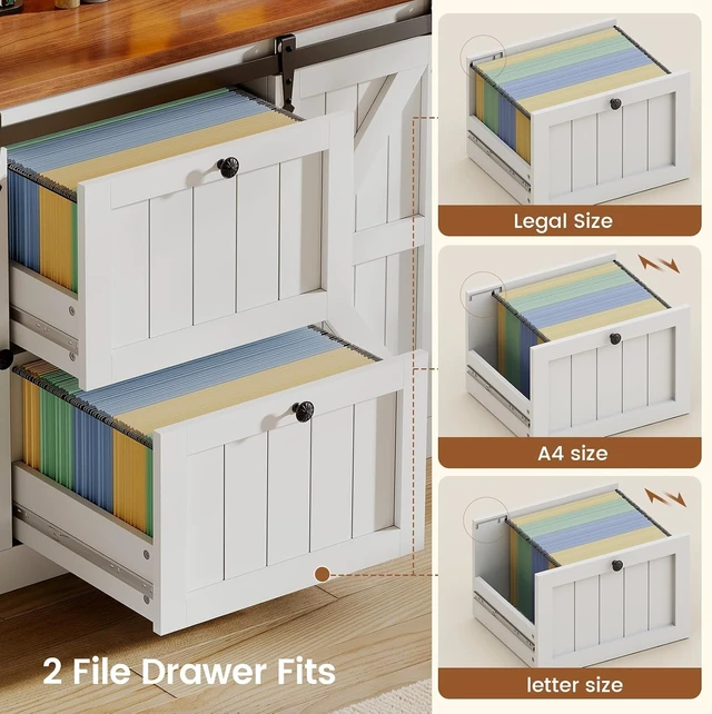Alt view image 4 of 7 - 2 Drawer File Cabinet with Power Strip 41" Farmhouse Filing Cabinet Fits Legal/Letter/A4, Printer Stand with Storage Shelf, Bar Door & LED Lights, White