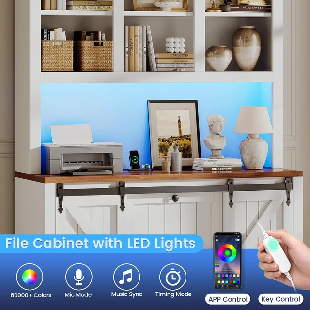 Alt view image 6 of 7 - 2 Drawer File Cabinet with Power Strip 41" Farmhouse Filing Cabinet Fits Legal/Letter/A4, Printer Stand with Storage Shelf, Bar Door & LED Lights, White