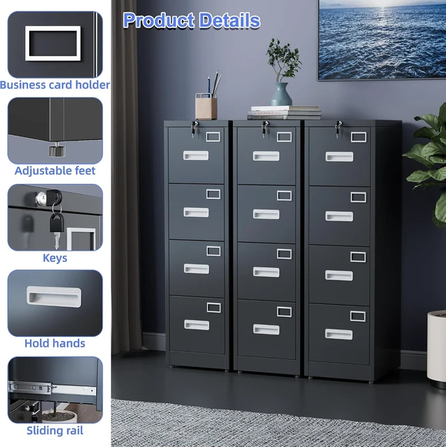 Alt view image 3 of 7 - 4-Drawer Metal File Cabinet with Adjustable Feet & Lock
