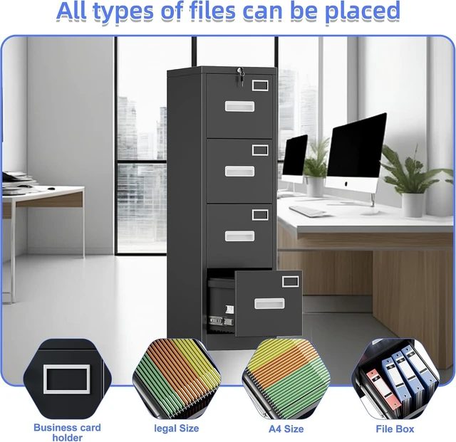 Alt view image 5 of 7 - 4-Drawer Metal File Cabinet with Adjustable Feet & Lock