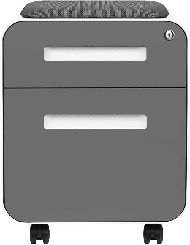 Alt view image 4 of 7 - STOCKPILE Mini Seated 2 Drawer Mobile File Cabinet with Removable Magnetic Cushion Seat Short Version, Pre-Assembled Metal, Dark Grey Face with Grey Cushion