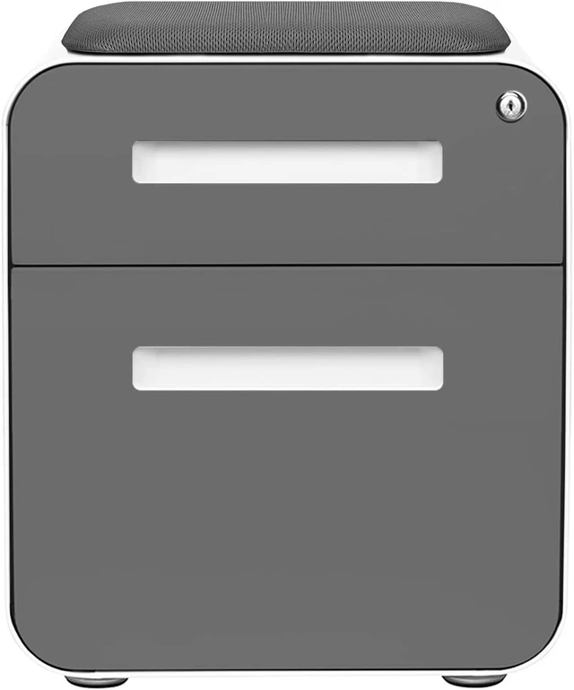 Alt view image 6 of 7 - STOCKPILE Mini Seated 2 Drawer Mobile File Cabinet with Removable Magnetic Cushion Seat Short Version, Pre-Assembled Metal, Dark Grey Face with Grey Cushion