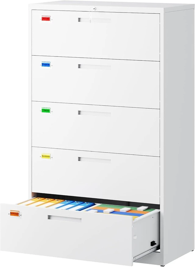Main image of 5 Drawer Lateral File Cabinet Home Office Storage Drawers with Lock, Hanging Files Legal/Letter/A4 Size (Assemble Required, White)