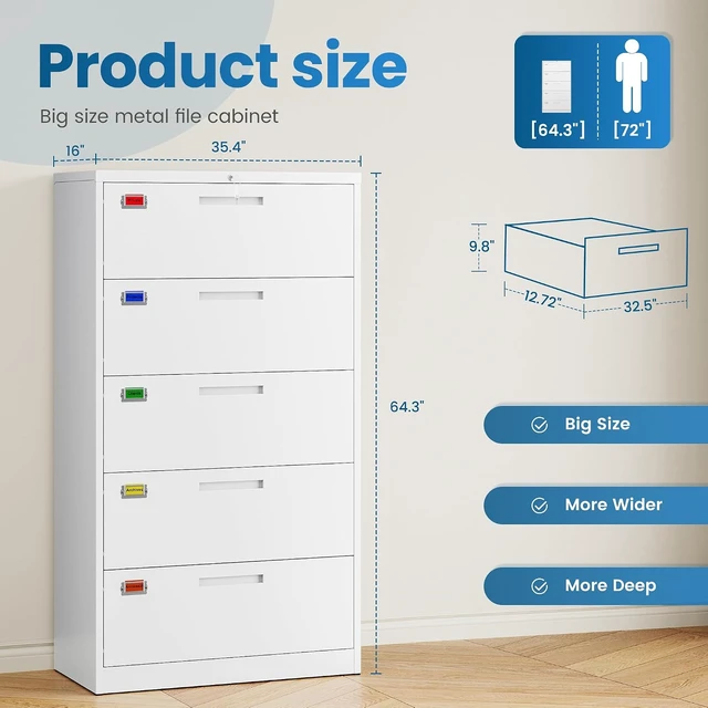 Alt view image 2 of 7 - 5 Drawer Lateral File Cabinet Home Office Storage Drawers with Lock, Hanging Files Legal/Letter/A4 Size (Assemble Required, White)