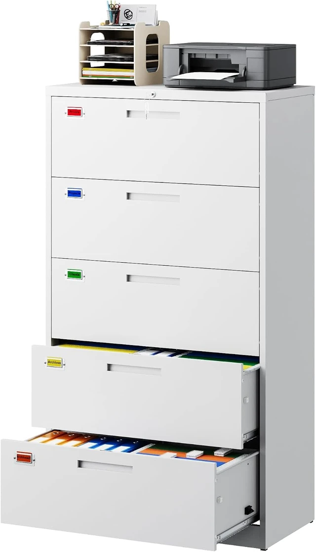 Alt view image 3 of 7 - 5 Drawer Lateral File Cabinet Home Office Storage Drawers with Lock, Hanging Files Legal/Letter/A4 Size (Assemble Required, White)