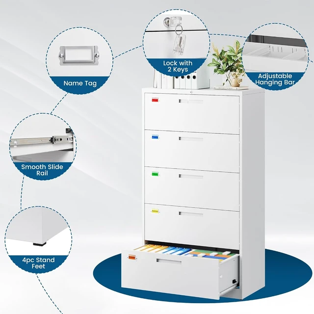 Alt view image 5 of 7 - 5 Drawer Lateral File Cabinet Home Office Storage Drawers with Lock, Hanging Files Legal/Letter/A4 Size (Assemble Required, White)