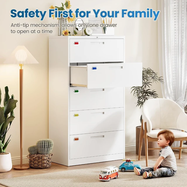 Alt view image 6 of 7 - 5 Drawer Lateral File Cabinet Home Office Storage Drawers with Lock, Hanging Files Legal/Letter/A4 Size (Assemble Required, White)