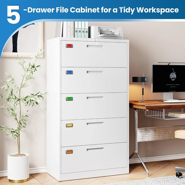 Alt view image 7 of 7 - 5 Drawer Lateral File Cabinet Home Office Storage Drawers with Lock, Hanging Files Legal/Letter/A4 Size (Assemble Required, White)