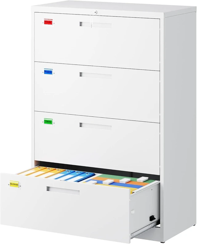 Main image of 4 Drawer Lateral File Cabinet Home Office Storage Drawers with Lock, Hanging Files Legal/Letter/A4 Size (Assemble Required, White)