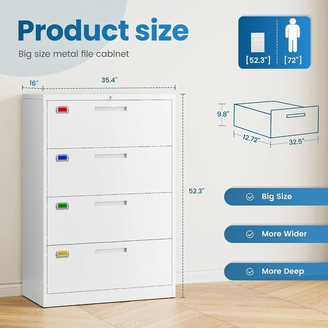 Alt view image 2 of 7 - 4 Drawer Lateral File Cabinet Home Office Storage Drawers with Lock, Hanging Files Legal/Letter/A4 Size (Assemble Required, White)