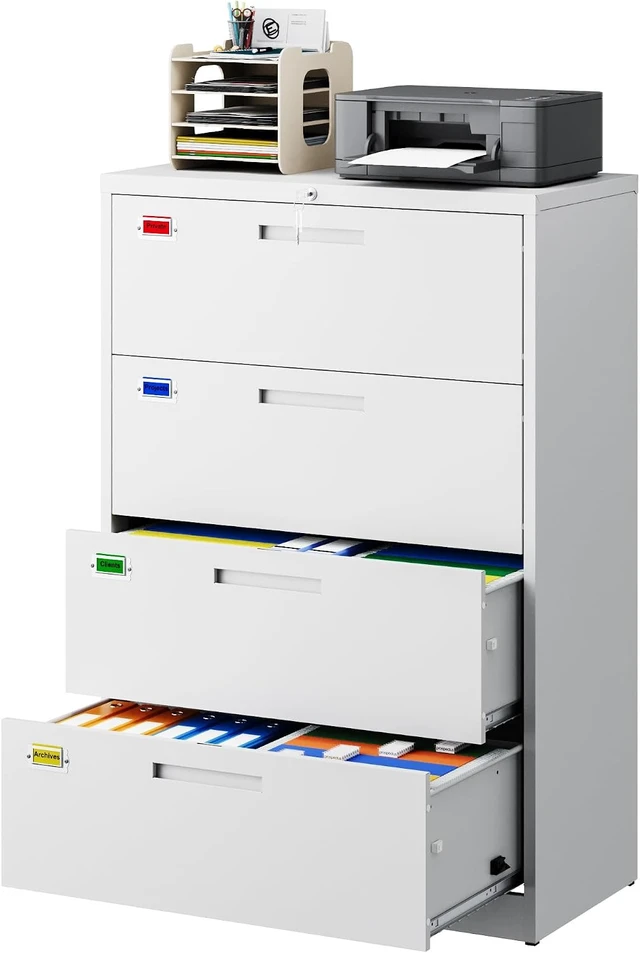 Alt view image 3 of 7 - 4 Drawer Lateral File Cabinet Home Office Storage Drawers with Lock, Hanging Files Legal/Letter/A4 Size (Assemble Required, White)