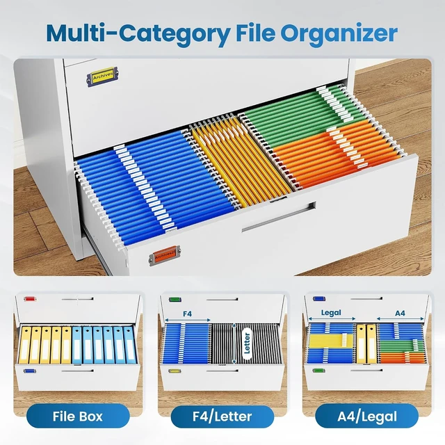 Alt view image 4 of 7 - 4 Drawer Lateral File Cabinet Home Office Storage Drawers with Lock, Hanging Files Legal/Letter/A4 Size (Assemble Required, White)