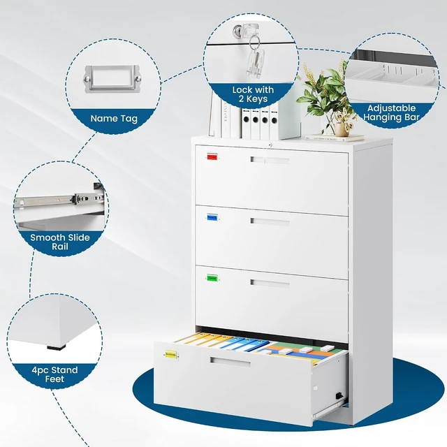 Alt view image 5 of 7 - 4 Drawer Lateral File Cabinet Home Office Storage Drawers with Lock, Hanging Files Legal/Letter/A4 Size (Assemble Required, White)