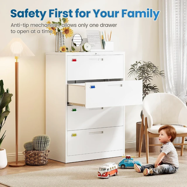 Alt view image 6 of 7 - 4 Drawer Lateral File Cabinet Home Office Storage Drawers with Lock, Hanging Files Legal/Letter/A4 Size (Assemble Required, White)