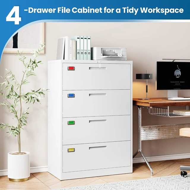 Alt view image 7 of 7 - 4 Drawer Lateral File Cabinet Home Office Storage Drawers with Lock, Hanging Files Legal/Letter/A4 Size (Assemble Required, White)