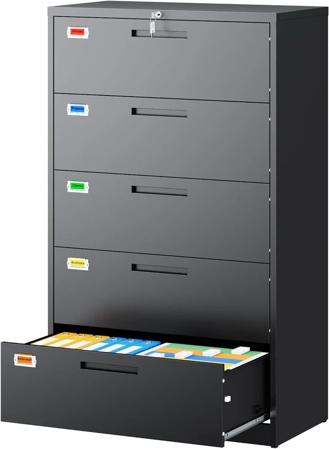 Main image of 5 Drawer Lateral File Cabinet Home Office Storage Drawers with Lock, Hanging Files Legal/Letter/A4 Size (Assemble Required, Black)