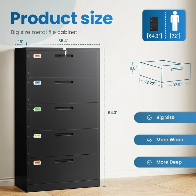 Alt view image 2 of 7 - 5 Drawer Lateral File Cabinet Home Office Storage Drawers with Lock, Hanging Files Legal/Letter/A4 Size (Assemble Required, Black)