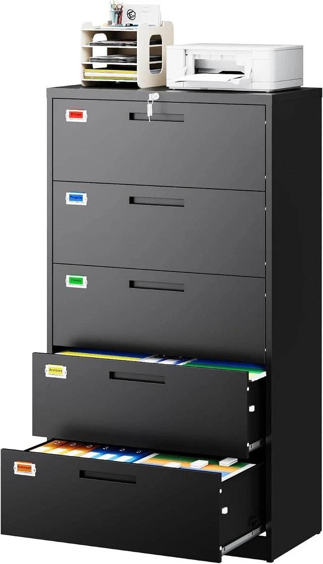 Alt view image 3 of 7 - 5 Drawer Lateral File Cabinet Home Office Storage Drawers with Lock, Hanging Files Legal/Letter/A4 Size (Assemble Required, Black)