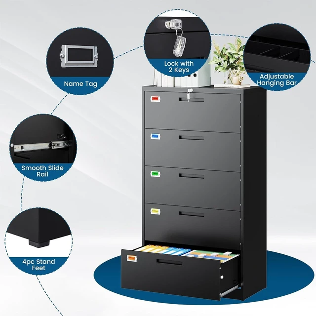 Alt view image 5 of 7 - 5 Drawer Lateral File Cabinet Home Office Storage Drawers with Lock, Hanging Files Legal/Letter/A4 Size (Assemble Required, Black)