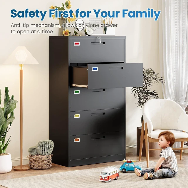 Alt view image 6 of 7 - 5 Drawer Lateral File Cabinet Home Office Storage Drawers with Lock, Hanging Files Legal/Letter/A4 Size (Assemble Required, Black)