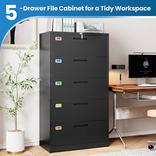 Alt view image 7 of 7 - 5 Drawer Lateral File Cabinet Home Office Storage Drawers with Lock, Hanging Files Legal/Letter/A4 Size (Assemble Required, Black)