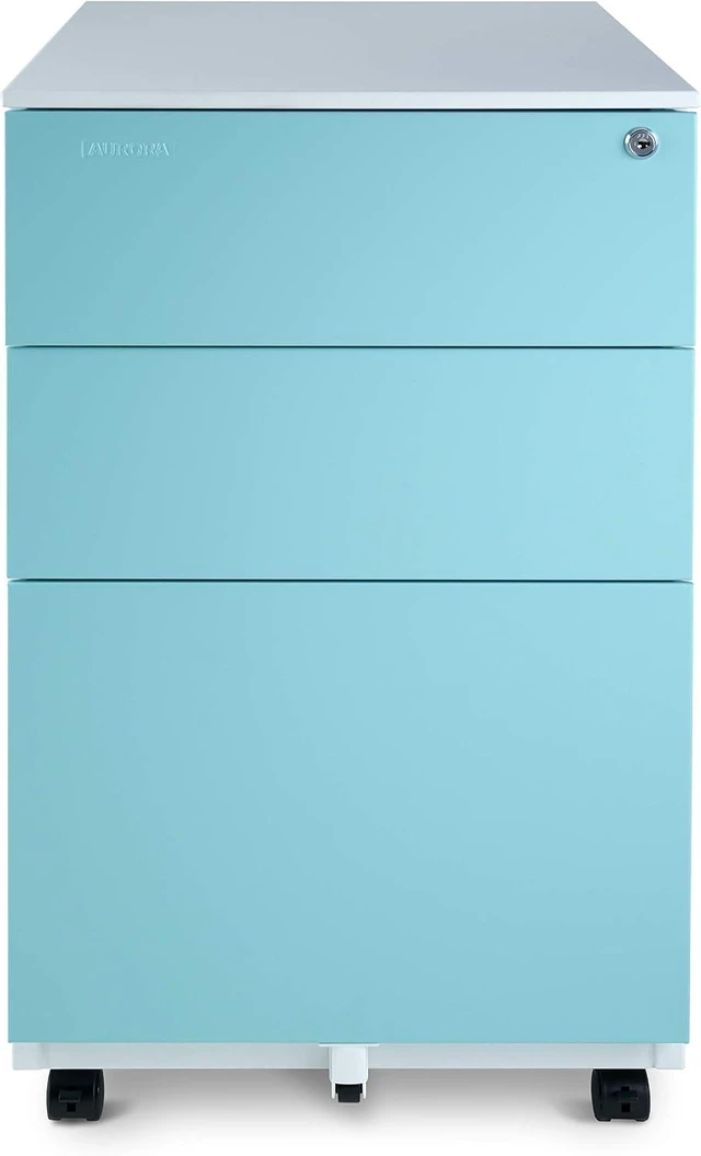Main image of Mobile File Cabinet 3-Drawer Metal with Lock Key Sliding Drawer, White/Aqua Blue, Fully Assembled, Ready to Use