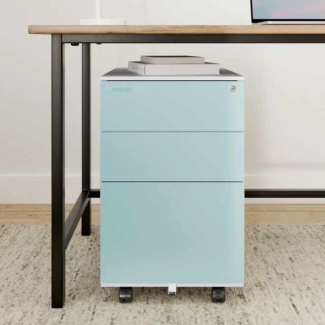 Alt view image 2 of 5 - Mobile File Cabinet 3-Drawer Metal with Lock Key Sliding Drawer, White/Aqua Blue, Fully Assembled, Ready to Use