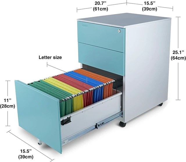 Alt view image 3 of 5 - Mobile File Cabinet 3-Drawer Metal with Lock Key Sliding Drawer, White/Aqua Blue, Fully Assembled, Ready to Use