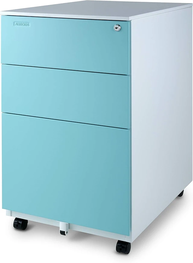 Alt view image 4 of 5 - Mobile File Cabinet 3-Drawer Metal with Lock Key Sliding Drawer, White/Aqua Blue, Fully Assembled, Ready to Use