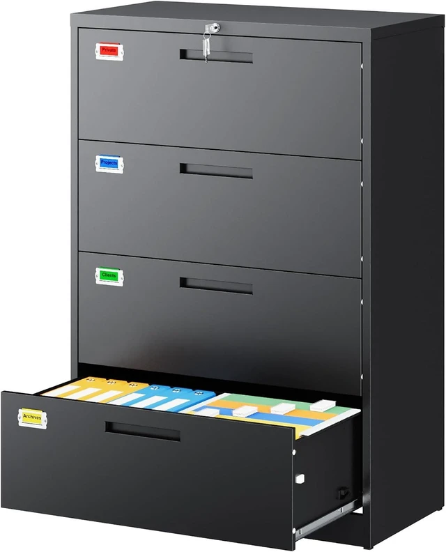Main image of 4 Drawer Lateral File Cabinet Home Office Storage Drawers with Lock, Hanging Files Legal/Letter/A4 Size (Assemble Required, Black)