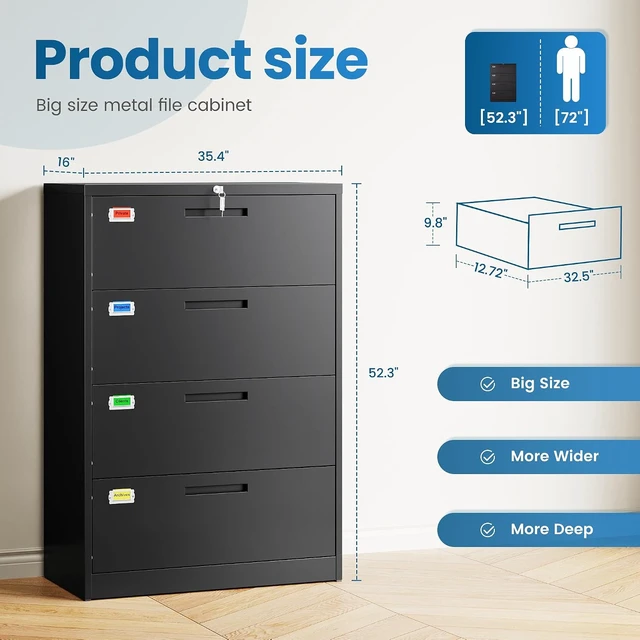 Alt view image 2 of 7 - 4 Drawer Lateral File Cabinet Home Office Storage Drawers with Lock, Hanging Files Legal/Letter/A4 Size (Assemble Required, Black)
