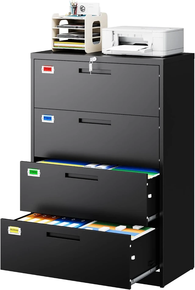 Alt view image 3 of 7 - 4 Drawer Lateral File Cabinet Home Office Storage Drawers with Lock, Hanging Files Legal/Letter/A4 Size (Assemble Required, Black)