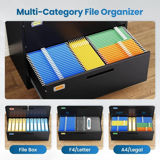 Alt view image 4 of 7 - 5 Drawer Lateral File Cabinet Home Office Storage Drawers with Lock, Hanging Files Legal/Letter/A4 Size (Assemble Required, Black)