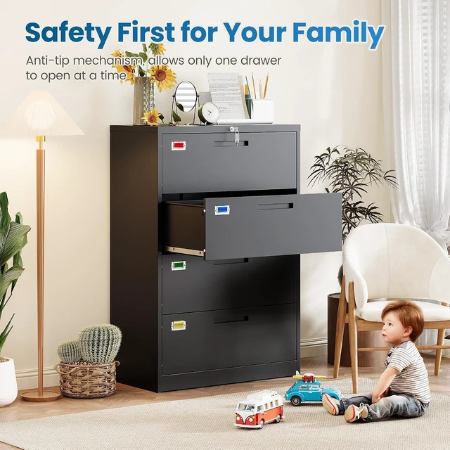 Alt view image 6 of 7 - 4 Drawer Lateral File Cabinet Home Office Storage Drawers with Lock, Hanging Files Legal/Letter/A4 Size (Assemble Required, Black)