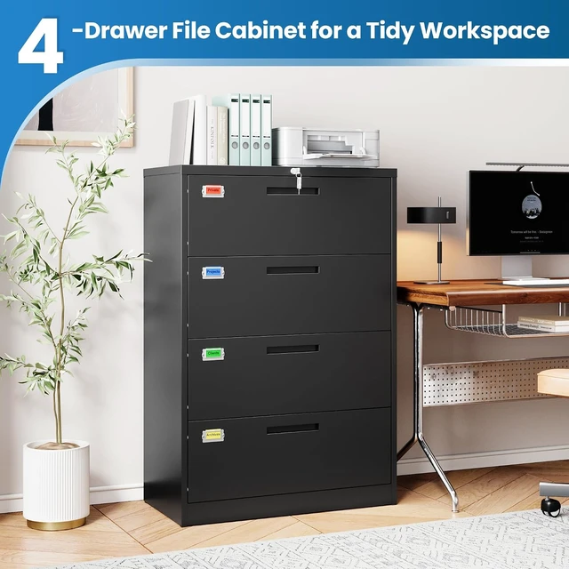Alt view image 7 of 7 - 4 Drawer Lateral File Cabinet Home Office Storage Drawers with Lock, Hanging Files Legal/Letter/A4 Size (Assemble Required, Black)