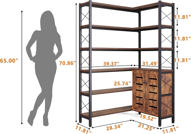 Alt view image 2 of 7 - 6-Shelf Corner Bookshelf Vintage Industrial Etagere Bookcase, Large Book Shelf with Metal Frame Open Storage (Brown-Lockers)