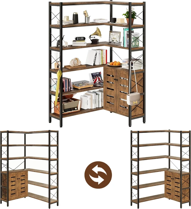 Alt view image 3 of 7 - 6-Shelf Corner Bookshelf Vintage Industrial Etagere Bookcase, Large Book Shelf with Metal Frame Open Storage (Brown-Lockers)