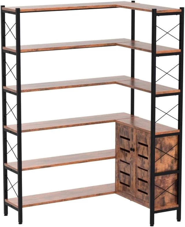 Alt view image 4 of 7 - 6-Shelf Corner Bookshelf Vintage Industrial Etagere Bookcase, Large Book Shelf with Metal Frame Open Storage (Brown-Lockers)