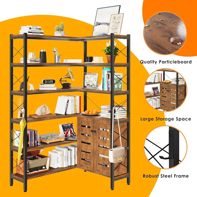 Alt view image 7 of 7 - 6-Shelf Corner Bookshelf Vintage Industrial Etagere Bookcase, Large Book Shelf with Metal Frame Open Storage (Brown-Lockers)