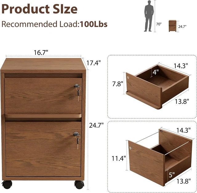 Alt view image 2 of 7 - Wheeled Double-Drawer Lockable Mobile Filing Cabinet for Home Offices or Storage Cupboards, Legal/Letter-Sized Files