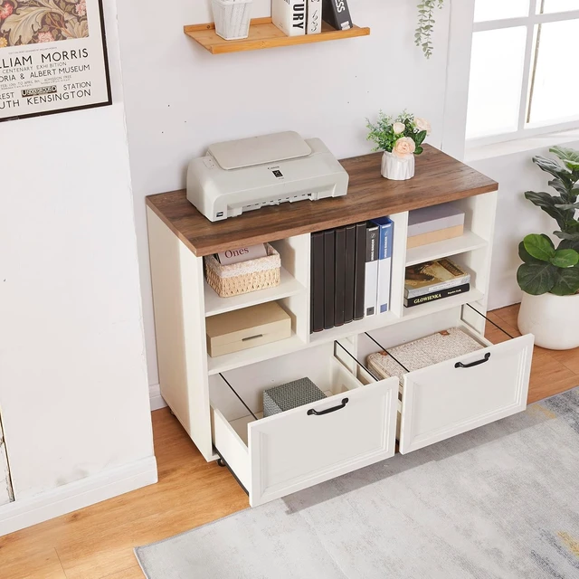 Alt view image 4 of 7 - 39.3" Farmhouse Wood File Cabinet with Wheels Rolling 2 Drawer Storage for Legal/Letter/A4 Size, Small Home Office