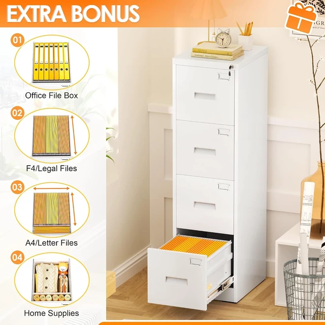 Alt view image 4 of 7 - 4 Drawer File Cabinet with Lock 18" D Metal White Vertical Cabinet for Hanging Folders, Easy Assemble