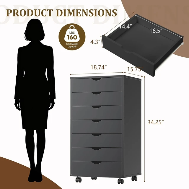 Alt view image 3 of 7 - 7 Drawer Rolling Office Storage File Cabinet, Black
