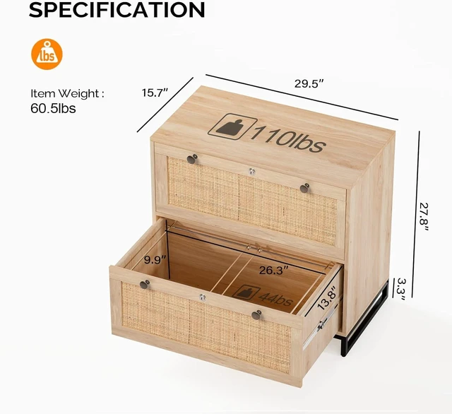 Alt view image 2 of 7 - Wood Rattan 2 Drawer Lateral File Cabinet with Lock Lockable Cabinet with Rustic Metal Handles for Hanging Letter/A4/Legal Folders, Oak, 30W x 16D x 28H