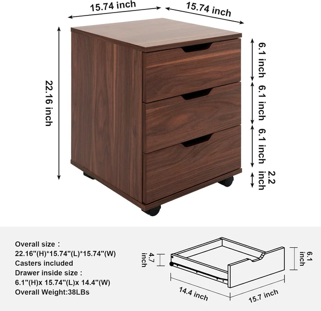 Alt view image 2 of 7 - 3-Drawer Vertical Rolling Wood File Cabinet Mobile Under Desk Cabinet with Casters for Home Office, Brown, Fully-Assembled