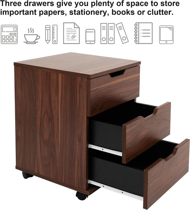Alt view image 4 of 7 - 3-Drawer Vertical Rolling Wood File Cabinet Mobile Under Desk Cabinet with Casters for Home Office, Brown, Fully-Assembled