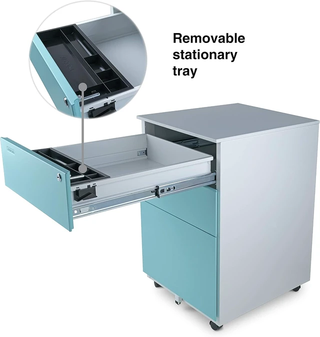 Alt view image 5 of 5 - Mobile File Cabinet 3-Drawer Metal with Lock Key Sliding Drawer, White/Aqua Blue, Fully Assembled, Ready to Use
