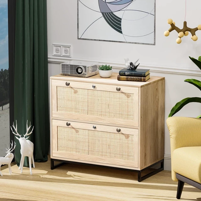 Alt view image 3 of 7 - Wood Rattan 2 Drawer Lateral File Cabinet with Lock Lockable Cabinet with Rustic Metal Handles for Hanging Letter/A4/Legal Folders, Oak, 30W x 16D x 28H